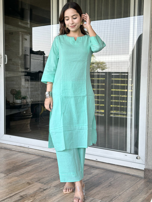 Sea Green Cotton Kurta Pant Set