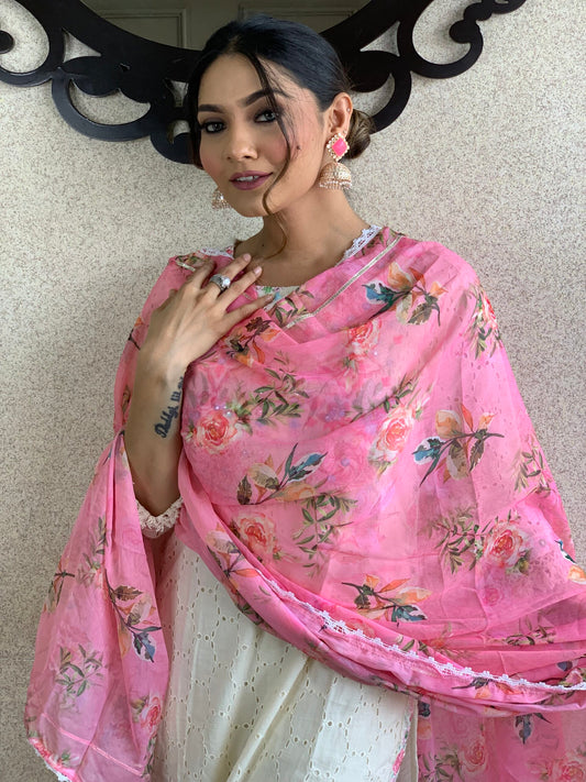 White Cotton Schiffli Dupatta Set