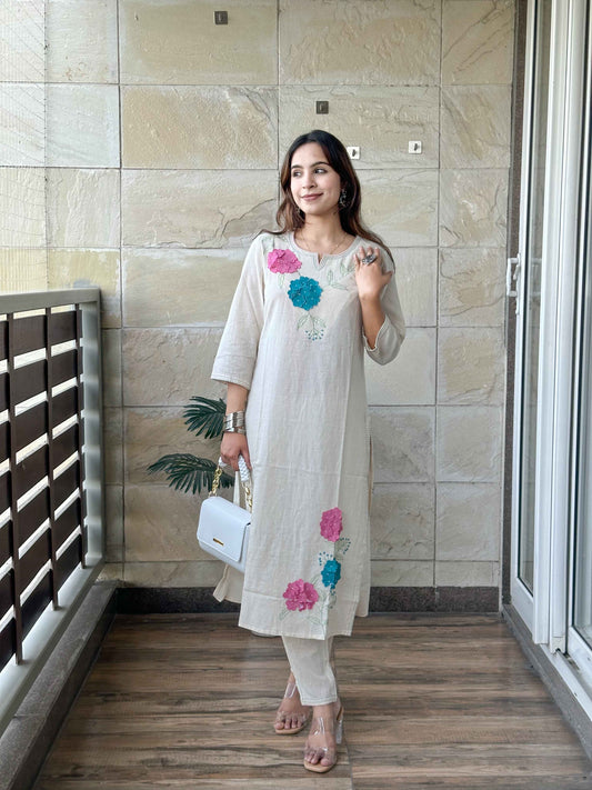 Off White Cotton Kurta Pant Set