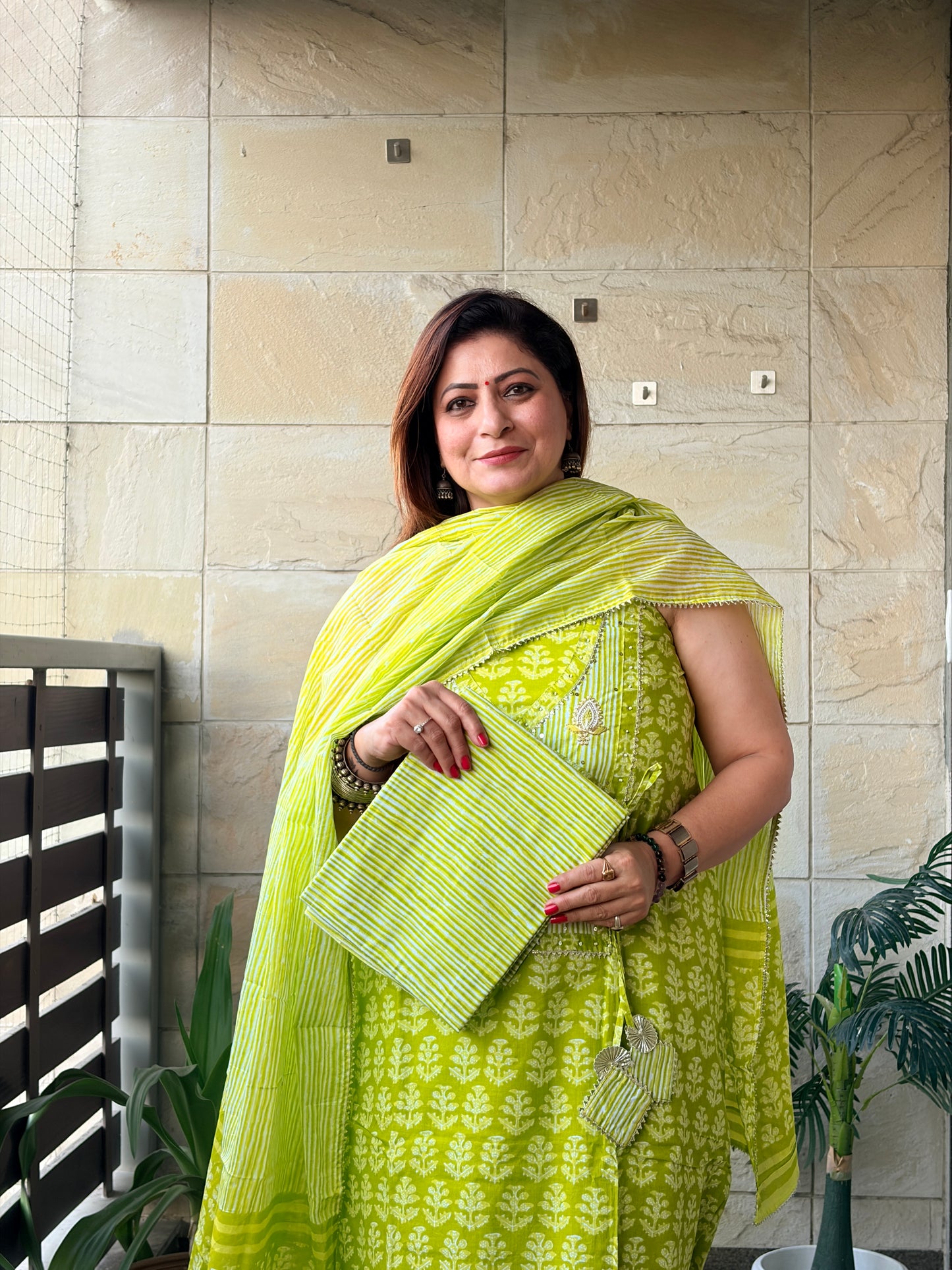 Lime Green Handblock Unstitched Suit Set