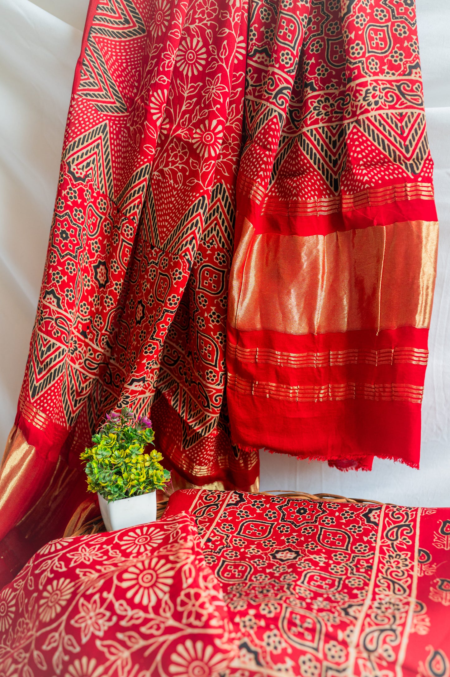 Red Modal Silk Ajarakh Suit Set