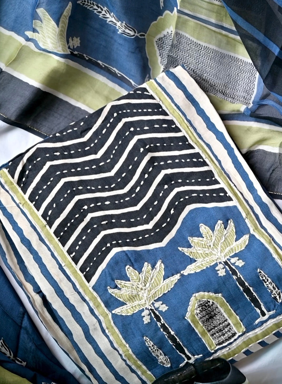 Blue Muslin Thread Work Suit Set