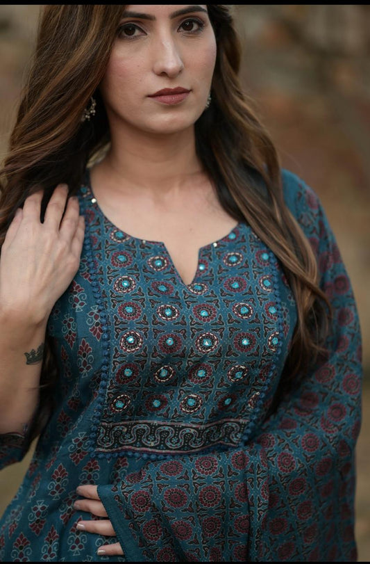 Blue Muslin Dupatta Set