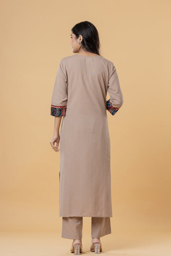 Beige Cotton Kurti with Multicolor Embroidery