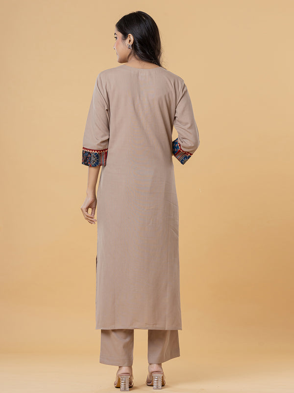 Beige Cotton Kurti with Multicolor Embroidery