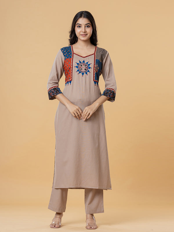 Beige Cotton Kurti with Multicolor Embroidery