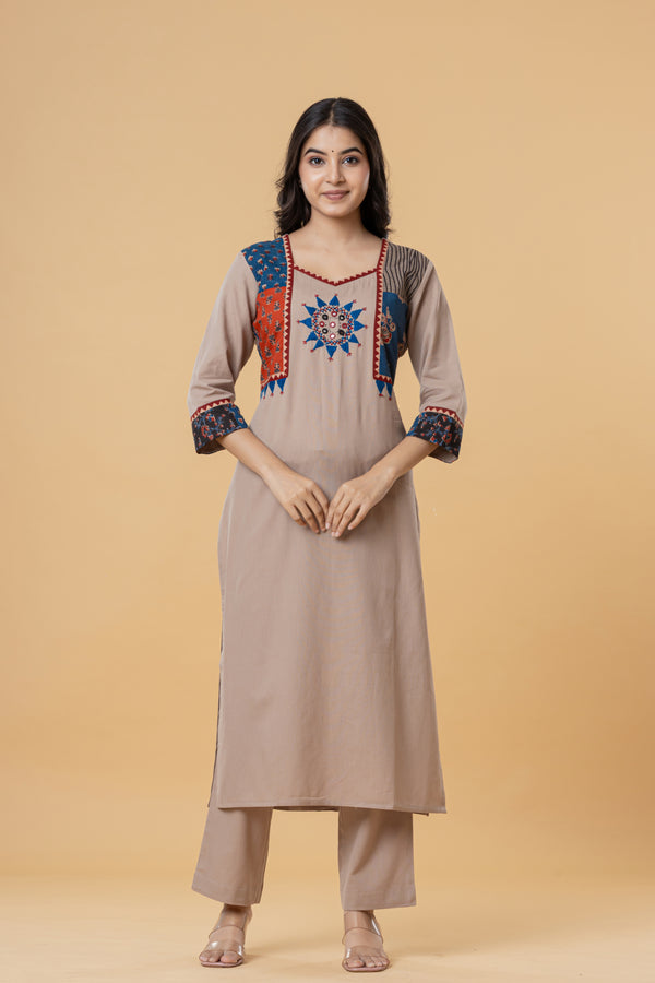 Beige Cotton Kurti with Multicolor Embroidery