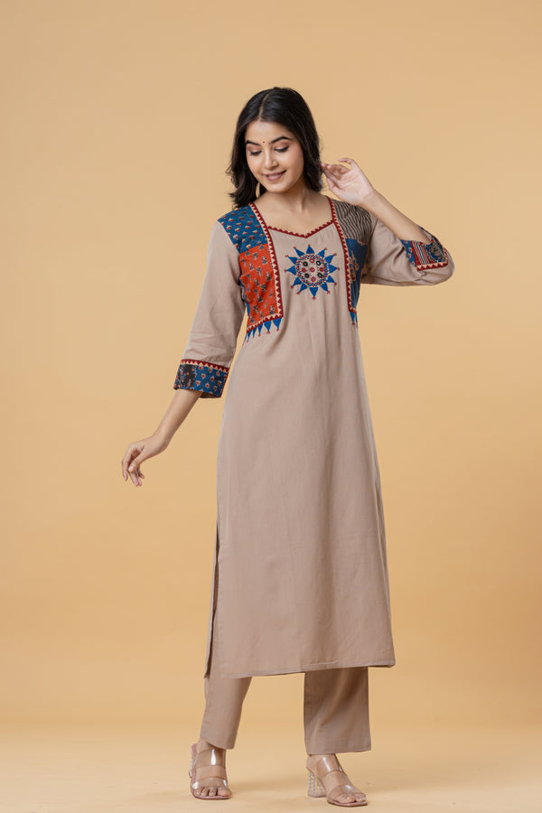 Beige Cotton Kurti with Multicolor Embroidery