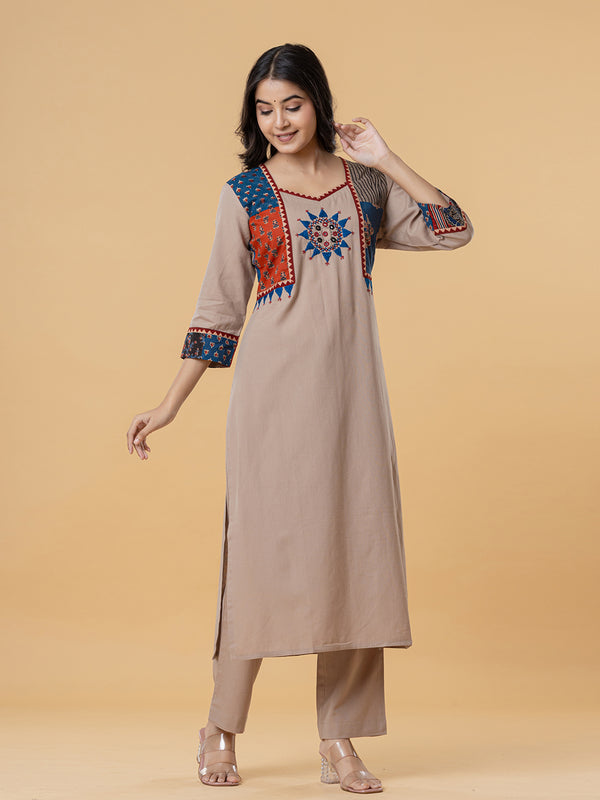 Beige Cotton Kurti with Multicolor Embroidery