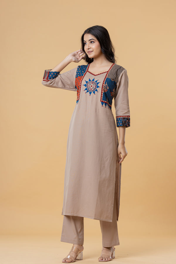 Beige Cotton Kurti with Multicolor Embroidery