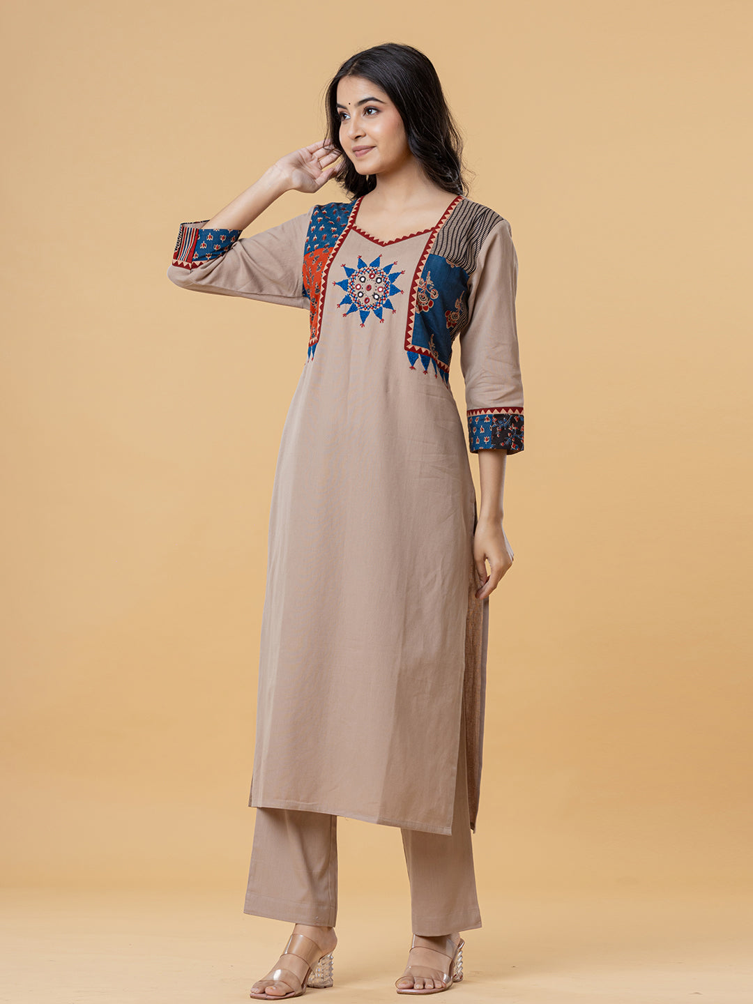 Beige Cotton Kurti with Multicolor Embroidery