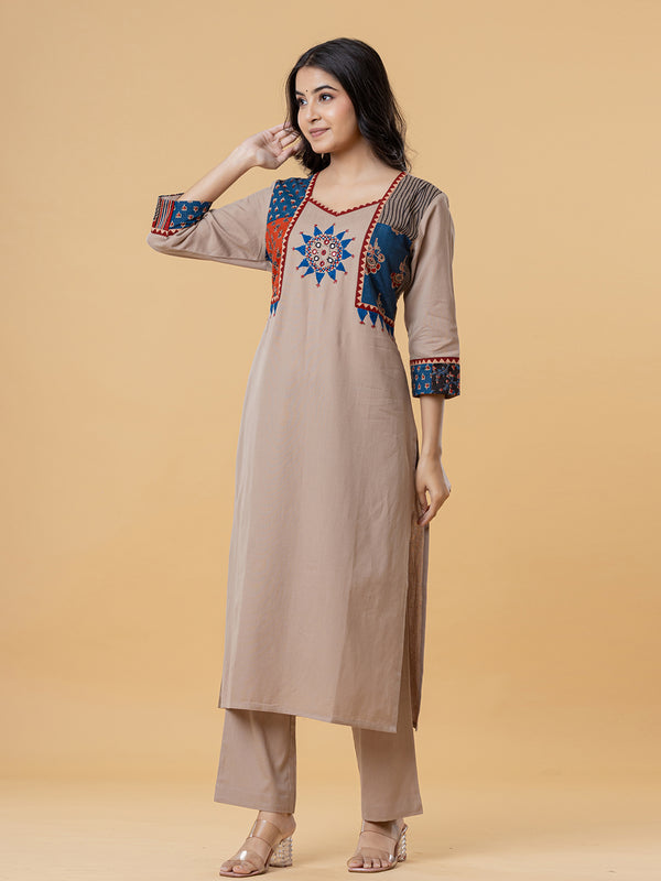 Beige Cotton Kurti with Multicolor Embroidery