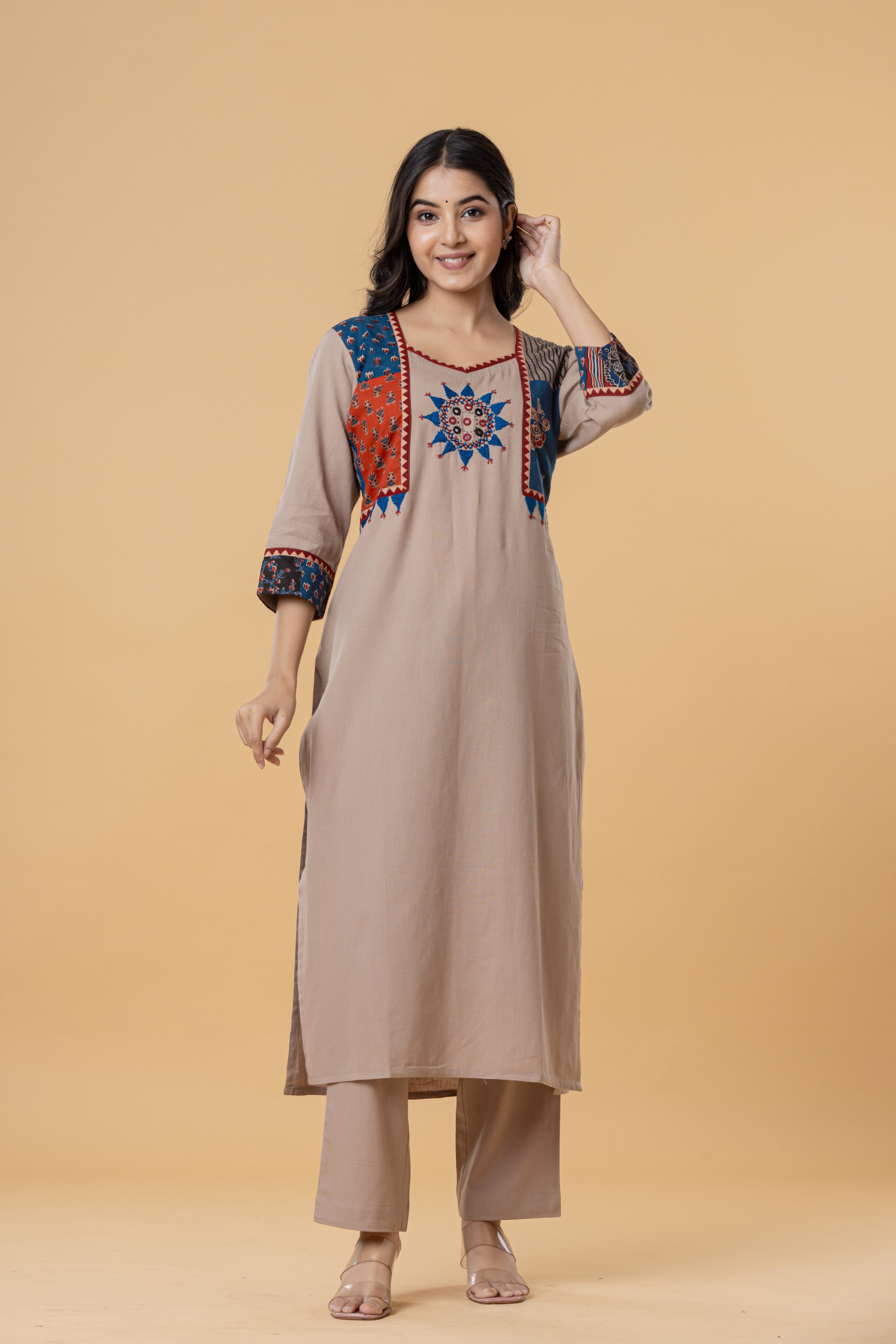 Beige Cotton Kurti with Multicolor Embroidery