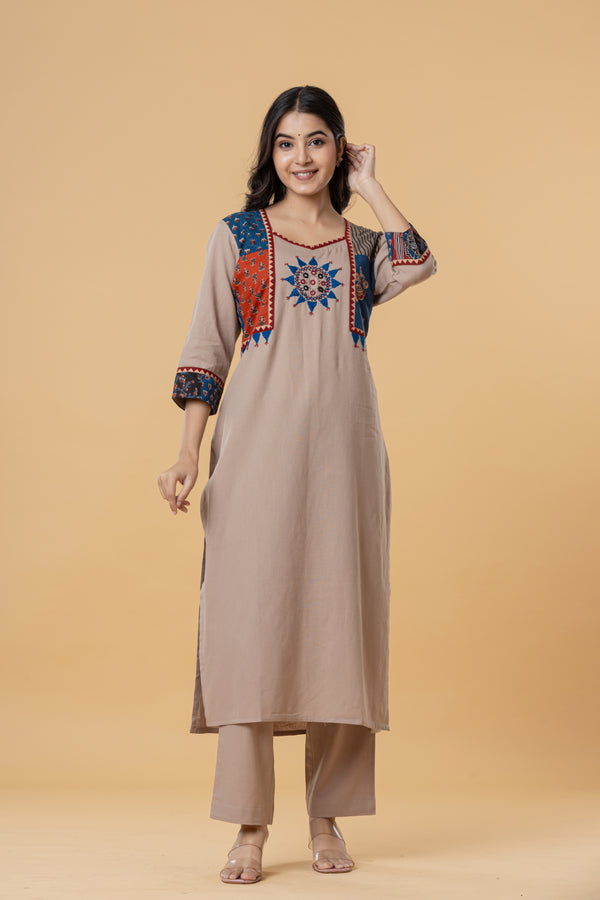 Beige Cotton Kurti with Multicolor Embroidery