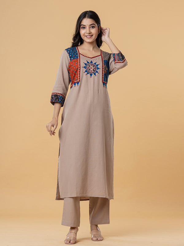 Beige Cotton Kurti with Multicolor Embroidery