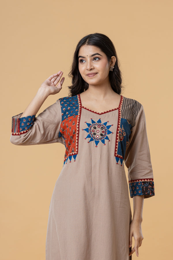 Beige Cotton Kurti with Multicolor Embroidery