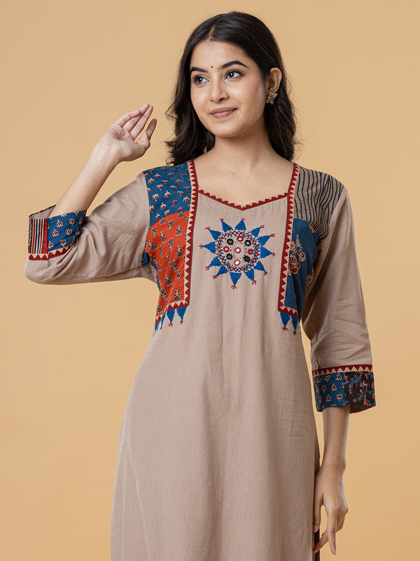 Beige Cotton Kurti with Multicolor Embroidery