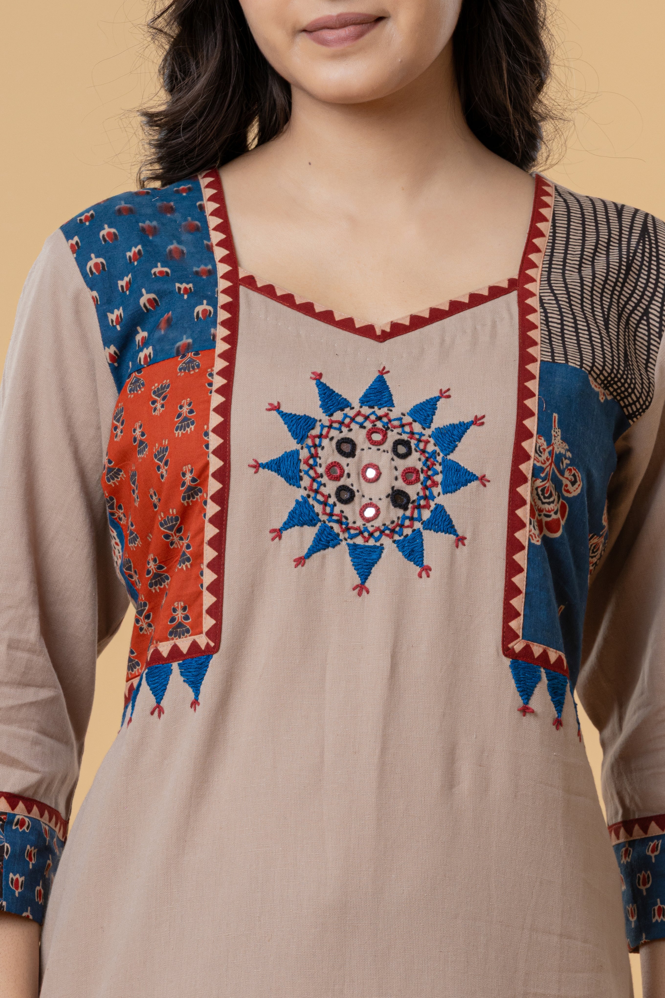Beige Cotton Kurti with Multicolor Embroidery