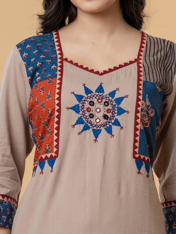 Beige Cotton Kurti with Multicolor Embroidery