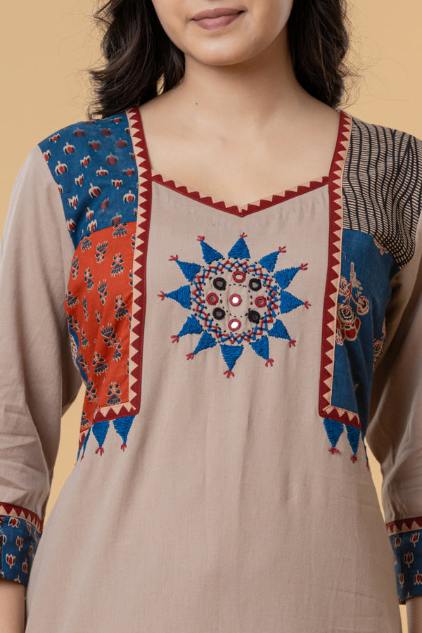 Beige Cotton Kurti with Multicolor Embroidery