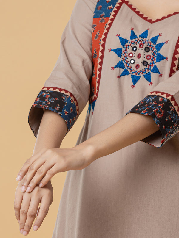 Beige Cotton Kurti with Multicolor Embroidery