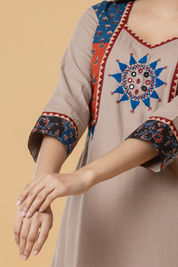 Beige Cotton Kurti with Multicolor Embroidery