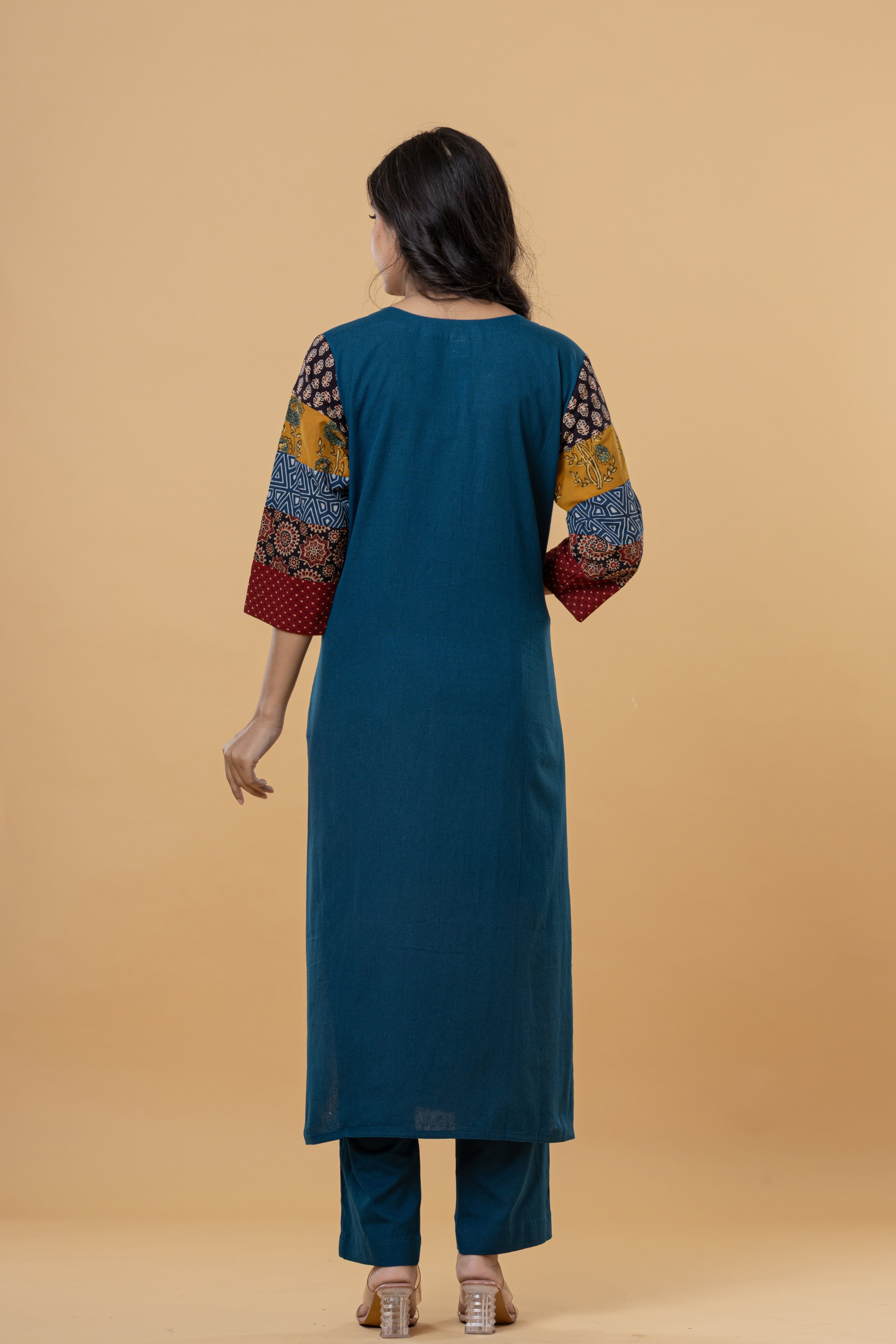 Teal Cotton Kurti with Patchwork Embroidery