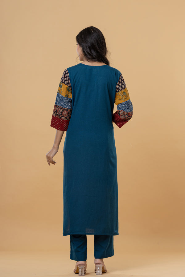 Teal Cotton Kurti with Patchwork Embroidery