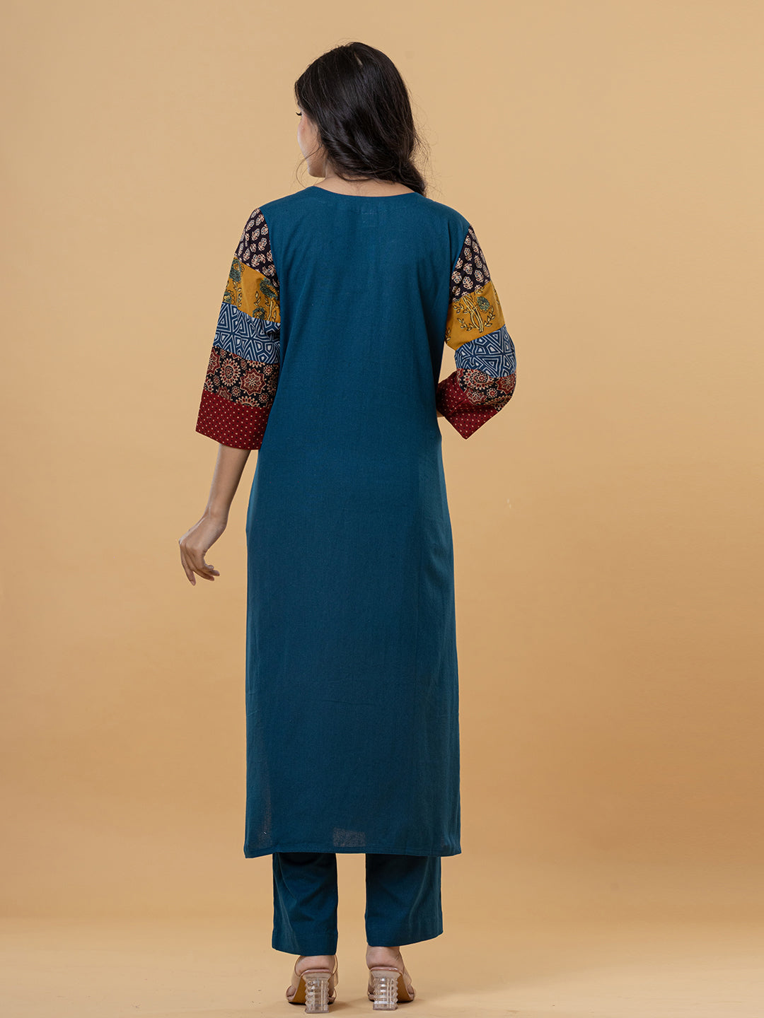 Teal Cotton Kurti with Patchwork Embroidery