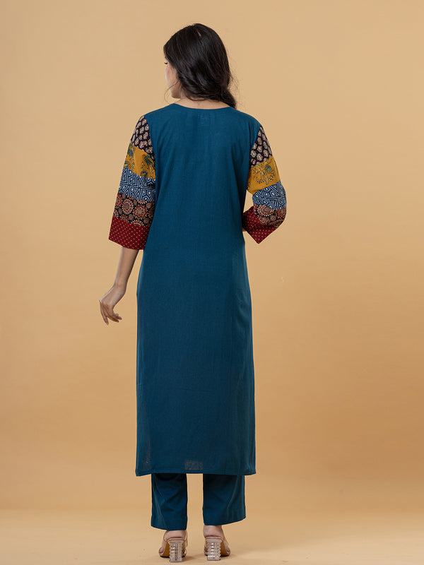 Teal Cotton Kurti with Patchwork Embroidery