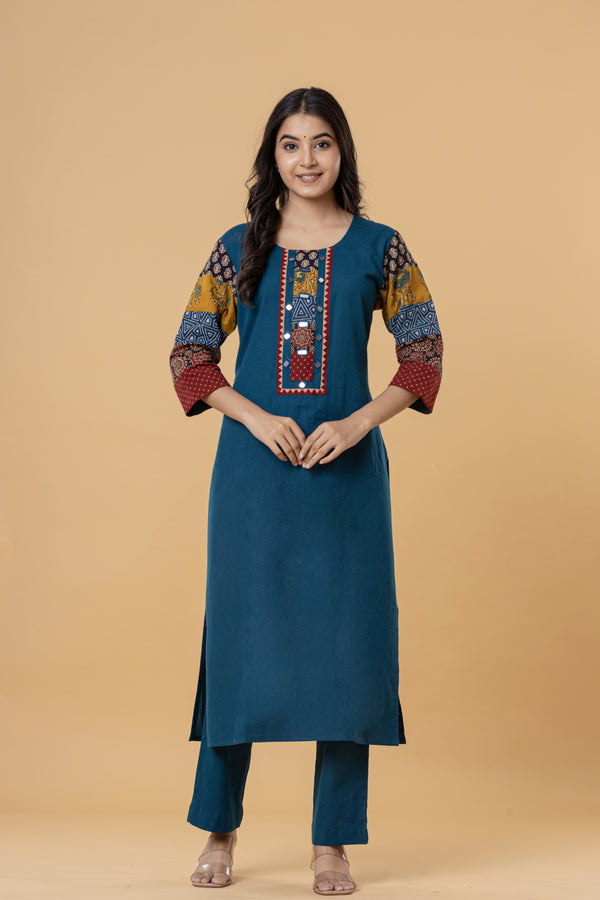 Teal Cotton Kurti with Patchwork Embroidery
