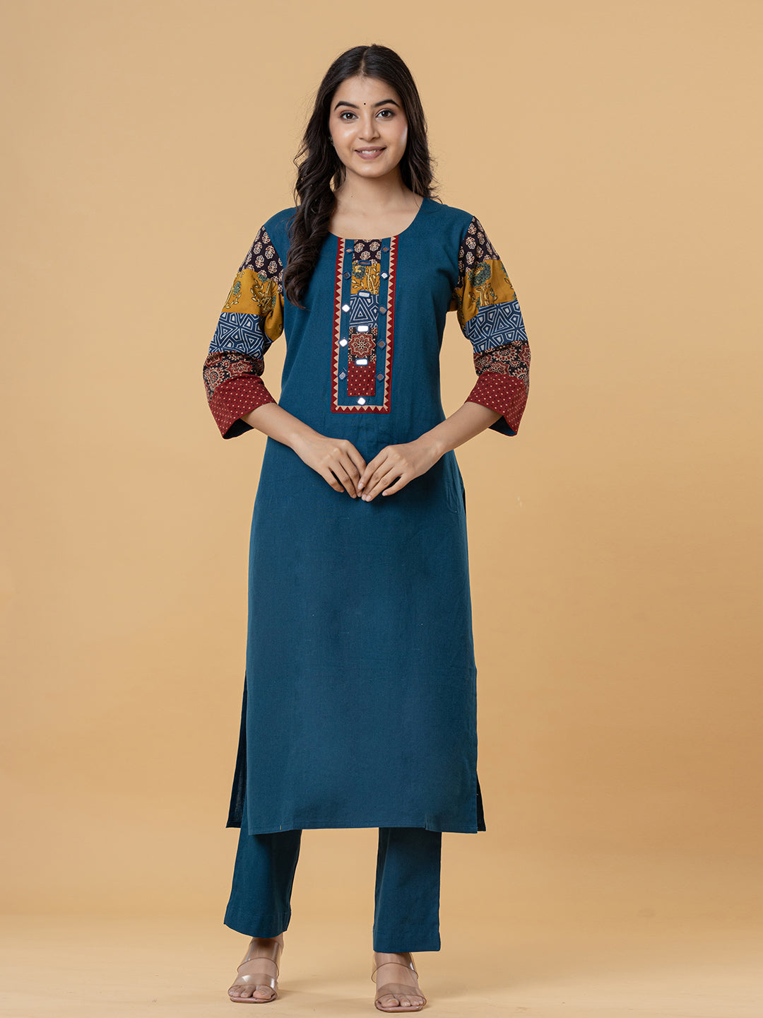 Teal Cotton Kurti with Patchwork Embroidery