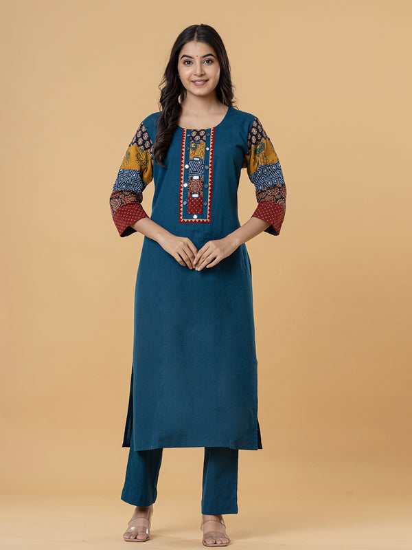 Teal Cotton Kurti with Patchwork Embroidery