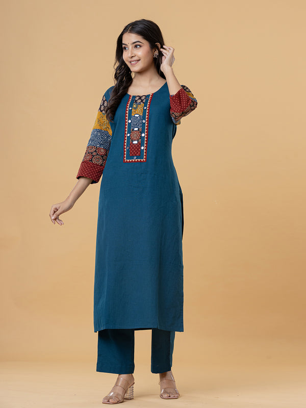 Teal Cotton Kurti with Patchwork Embroidery