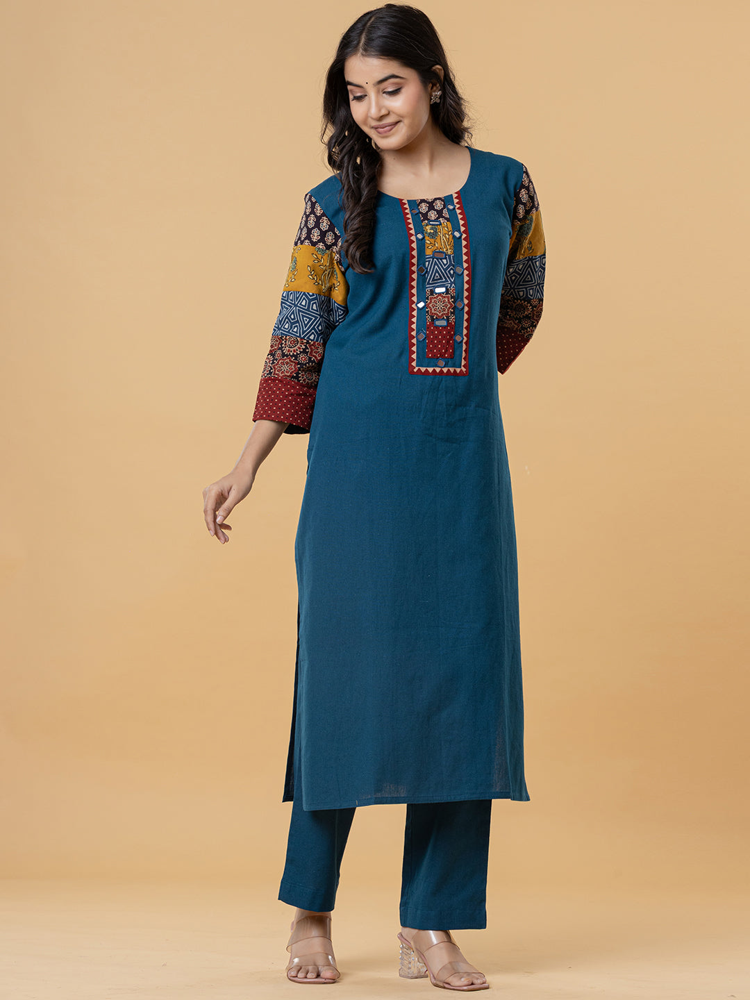 Teal Cotton Kurti with Patchwork Embroidery