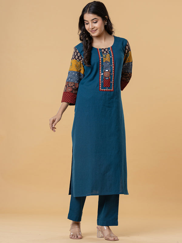 Teal Cotton Kurti with Patchwork Embroidery