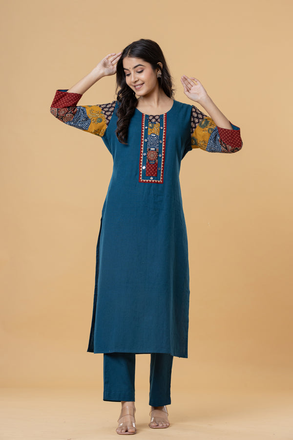 Teal Cotton Kurti with Patchwork Embroidery