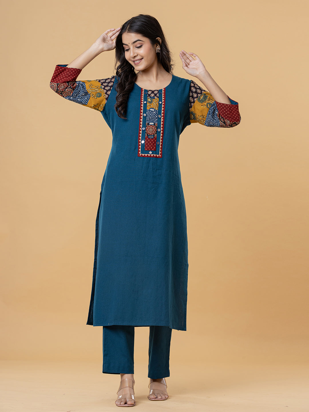 Teal Cotton Kurti with Patchwork Embroidery