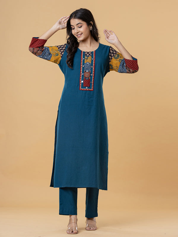 Teal Cotton Kurti with Patchwork Embroidery