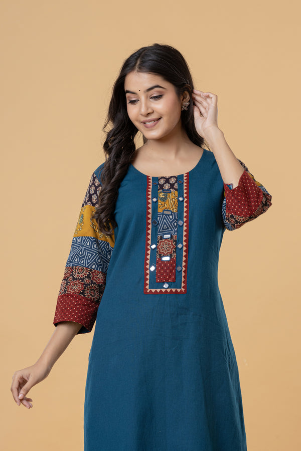 Teal Cotton Kurti with Patchwork Embroidery