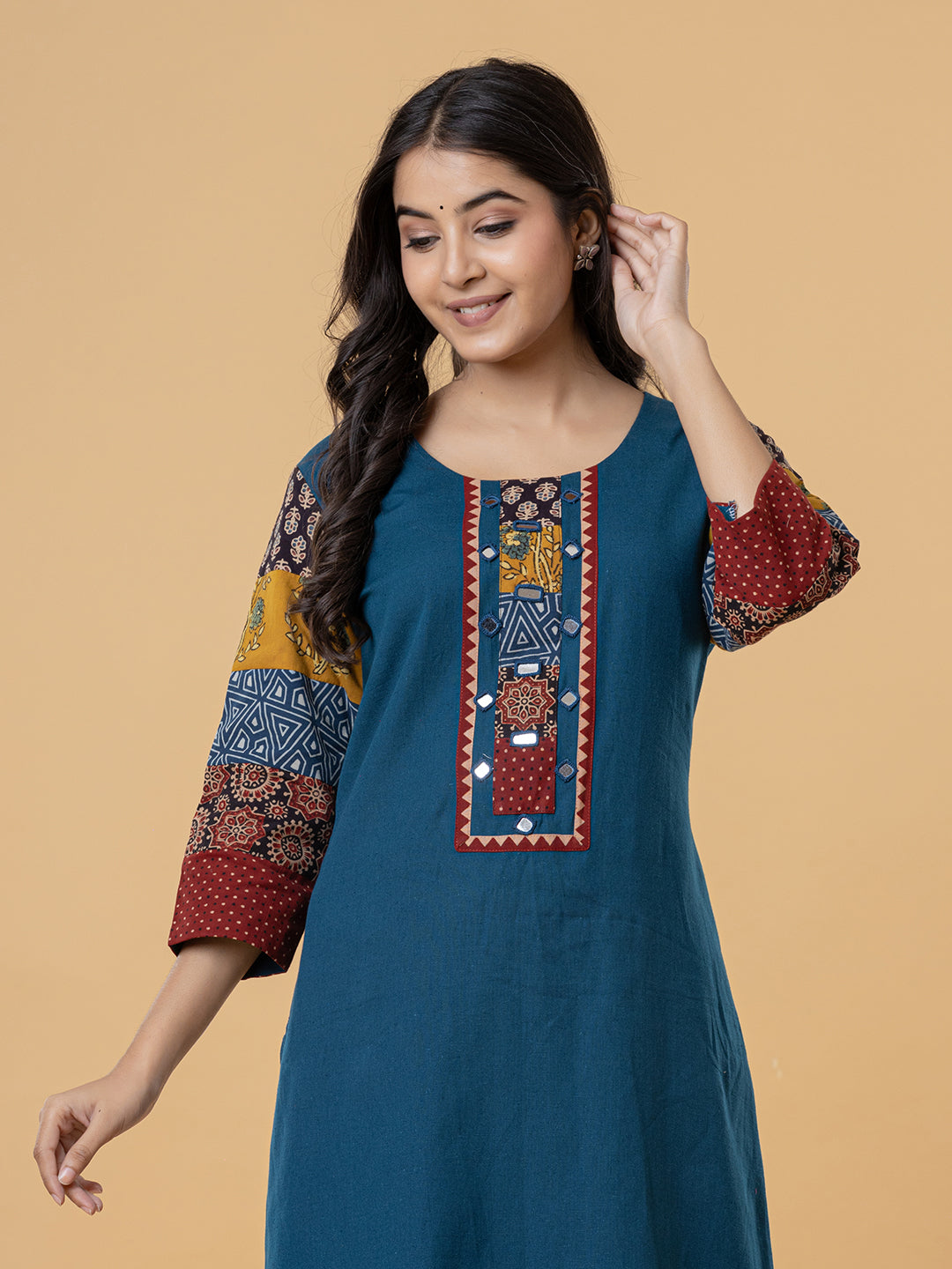 Teal Cotton Kurti with Patchwork Embroidery