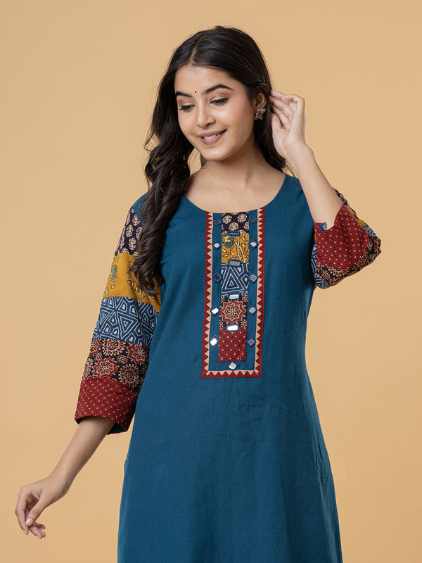 Teal Cotton Kurti with Patchwork Embroidery