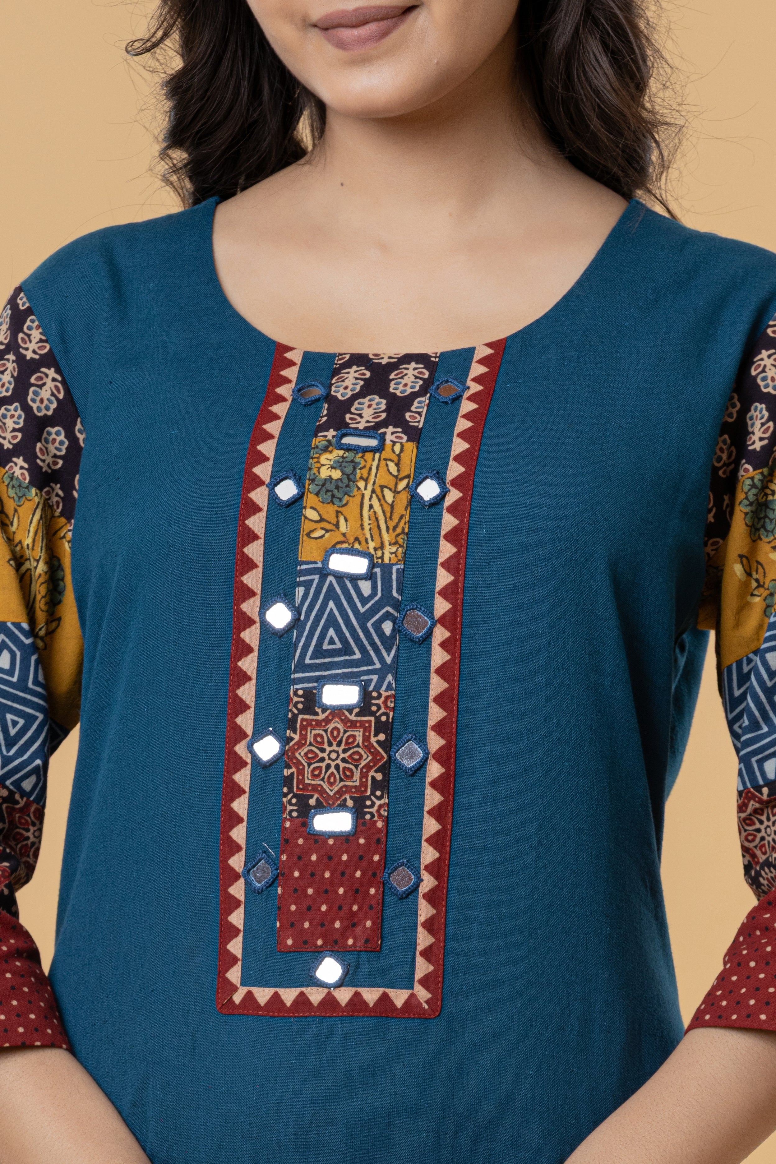Teal Cotton Kurti with Patchwork Embroidery
