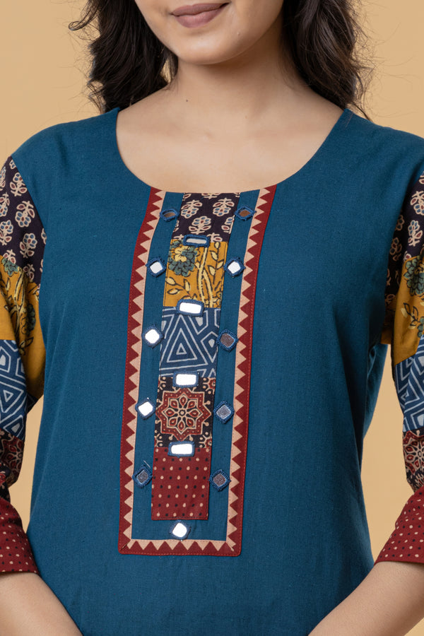 Teal Cotton Kurti with Patchwork Embroidery