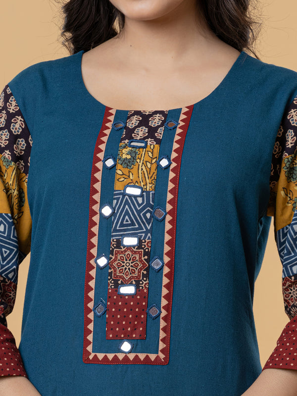 Teal Cotton Kurti with Patchwork Embroidery