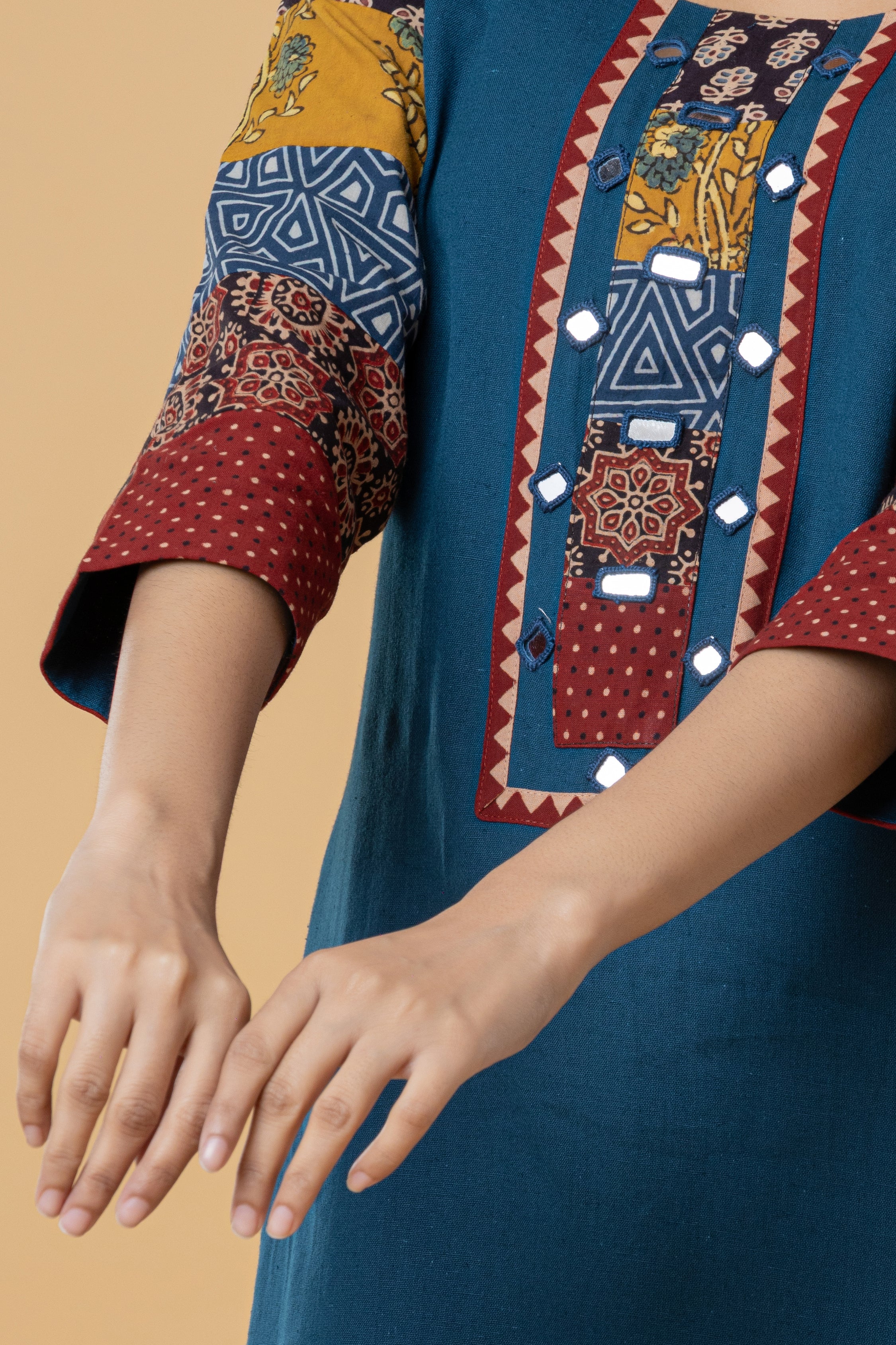 Teal Cotton Kurti with Patchwork Embroidery