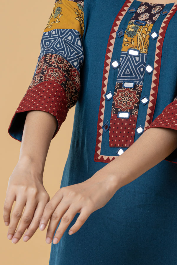 Teal Cotton Kurti with Patchwork Embroidery
