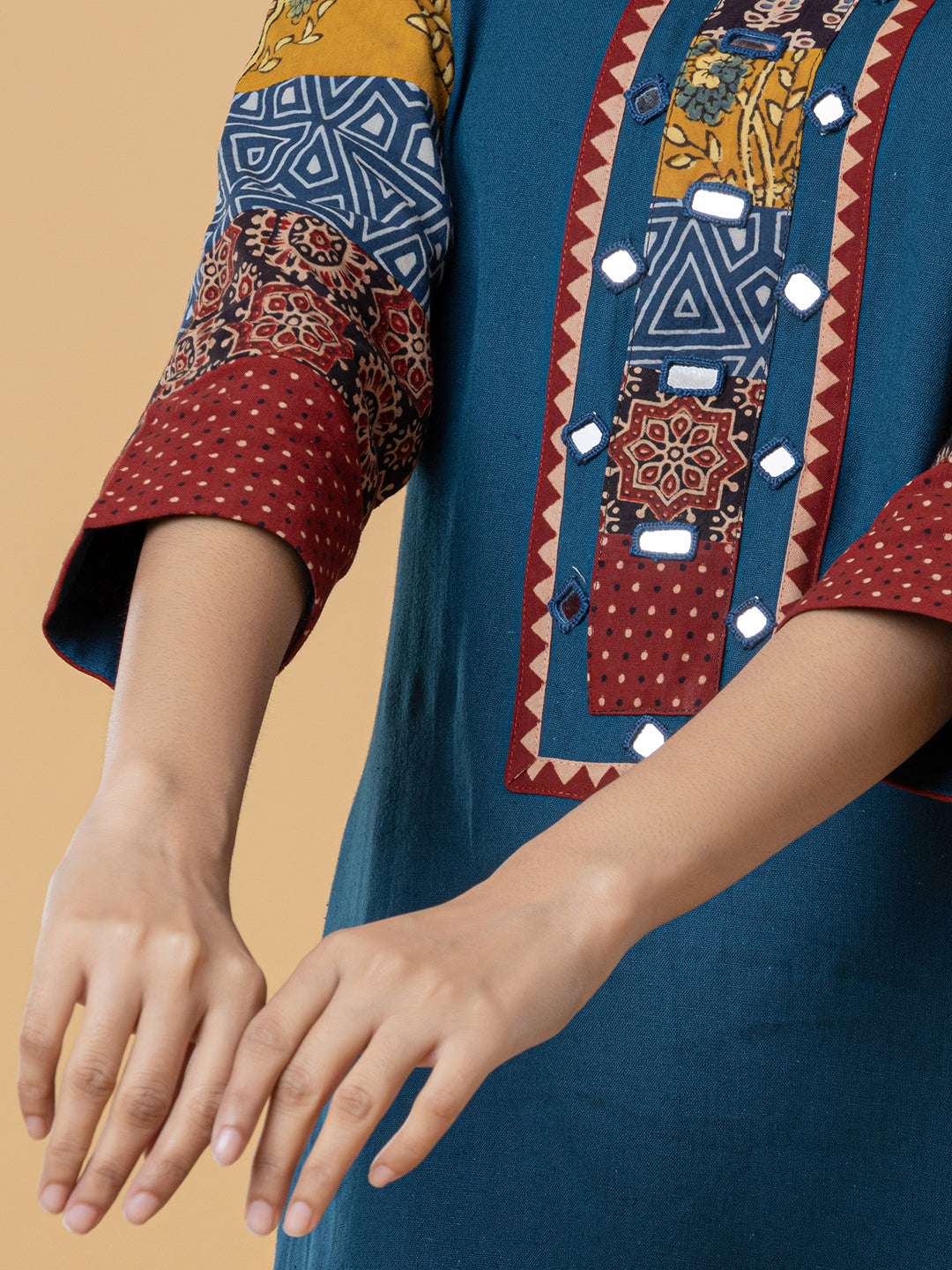 Teal Cotton Kurti with Patchwork Embroidery