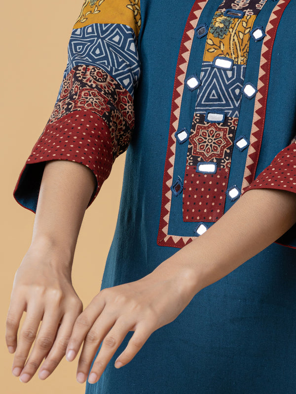 Teal Cotton Kurti with Patchwork Embroidery