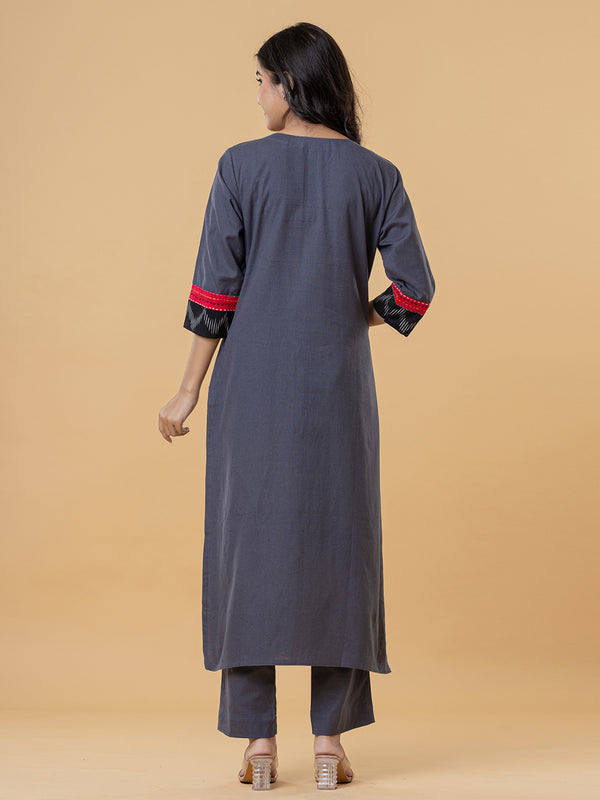 Charcoal Grey Cotton Kurti with Colorful Embroidered Yoke & Tassel Detailing